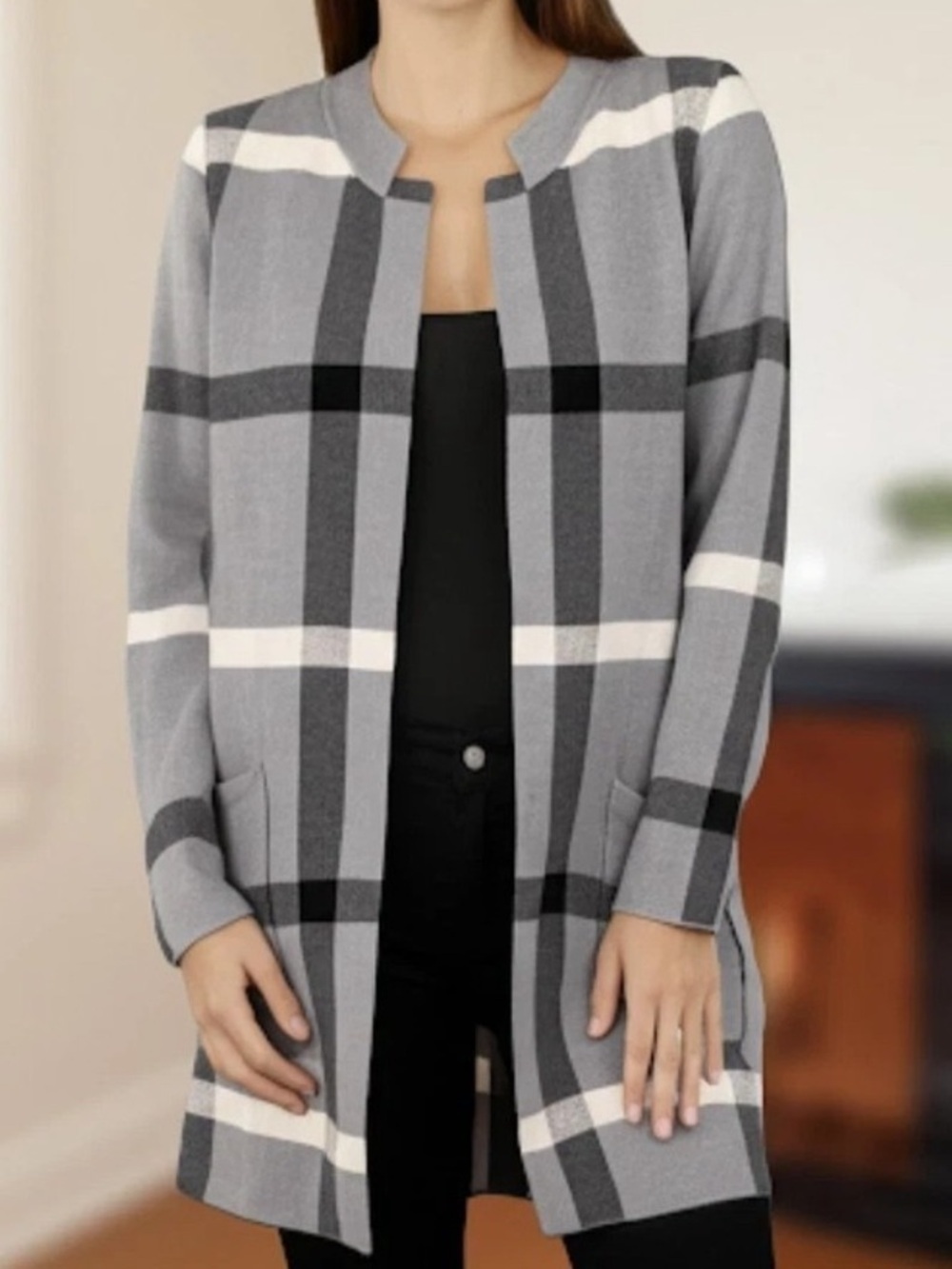 Tahari Grey and Black Plaid Open Cardigan Sweater Long Line